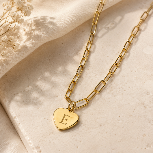 Luxe Gold Paperclip Chain Heart Charm Necklace - FREE ENGRAVING