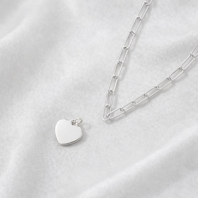 Signature Silver Paperclip Chain Heart Charm Necklace - FREE ENGRAVING